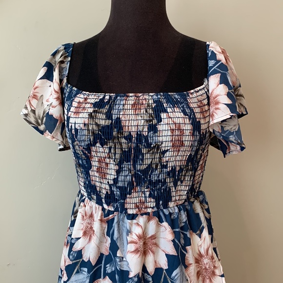 Pink Blush Blue Floral Off Shoulder Smocked Wrap Maternity Dress, postpartum too - Picture 3 of 9